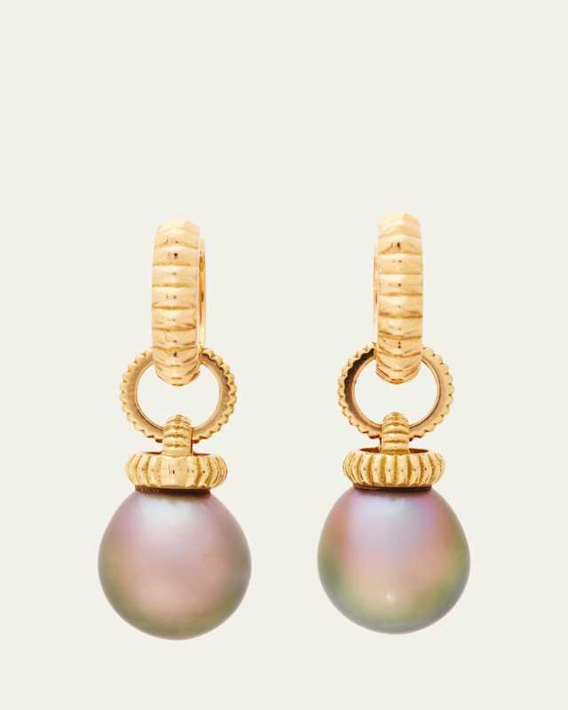 18K Gold Barre Huggie Earrings with Large Tahitian Pearl Drops
